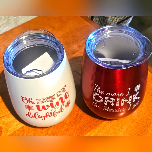 Set of 2 Christmas Wine Tumblers Insulated Hot or Cold Drinks Fun Party Women - Picture 3 of 4